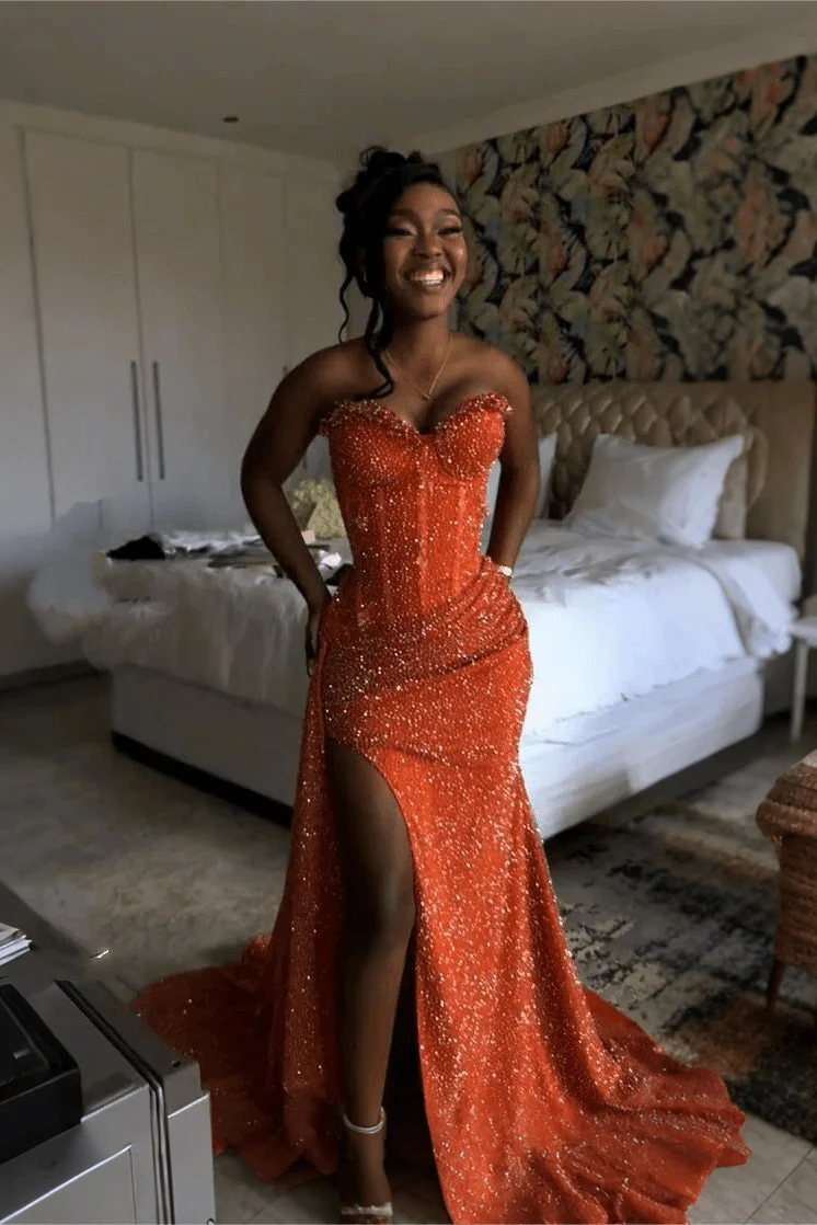 Glitter Strapless Mermaid Sequined Long Prom Dress with Slit (ZD17399)