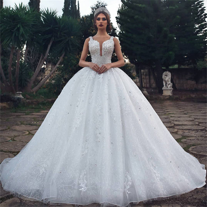 Gorgeous Straps Beading Ball Gown Wedding Dresses |  Tulle Appliques Sleeveless Bridal Gown