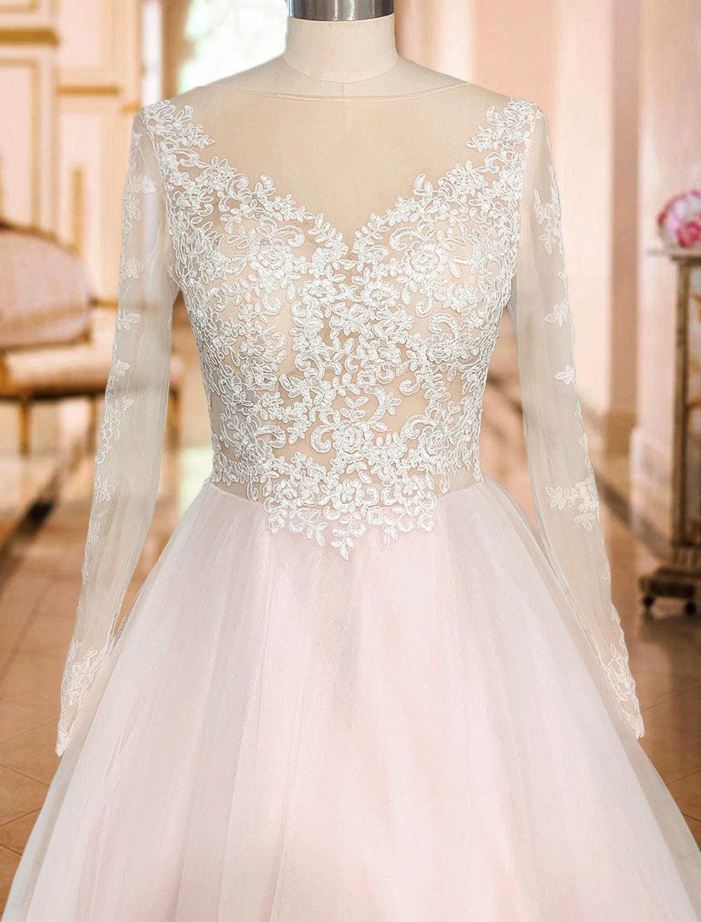 Gorgeous V Neck Backless Tulle Long Lace Wedding Dresses With Long Sleeves