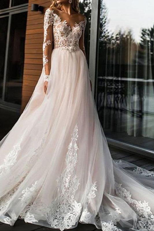 Gorgeous V Neck Backless Tulle Long Lace Wedding Dresses With Long Sleeves