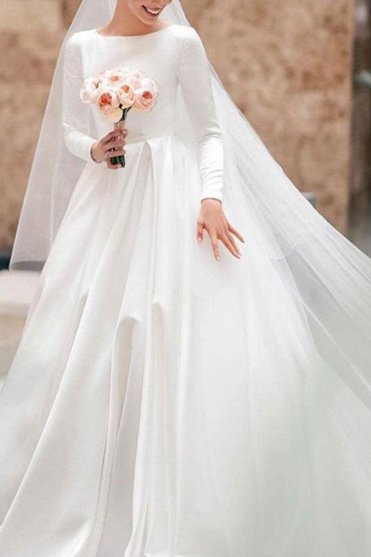 Gorgeous White Satin Ruffles A-Line Wedding Dresses With Long Sleeves