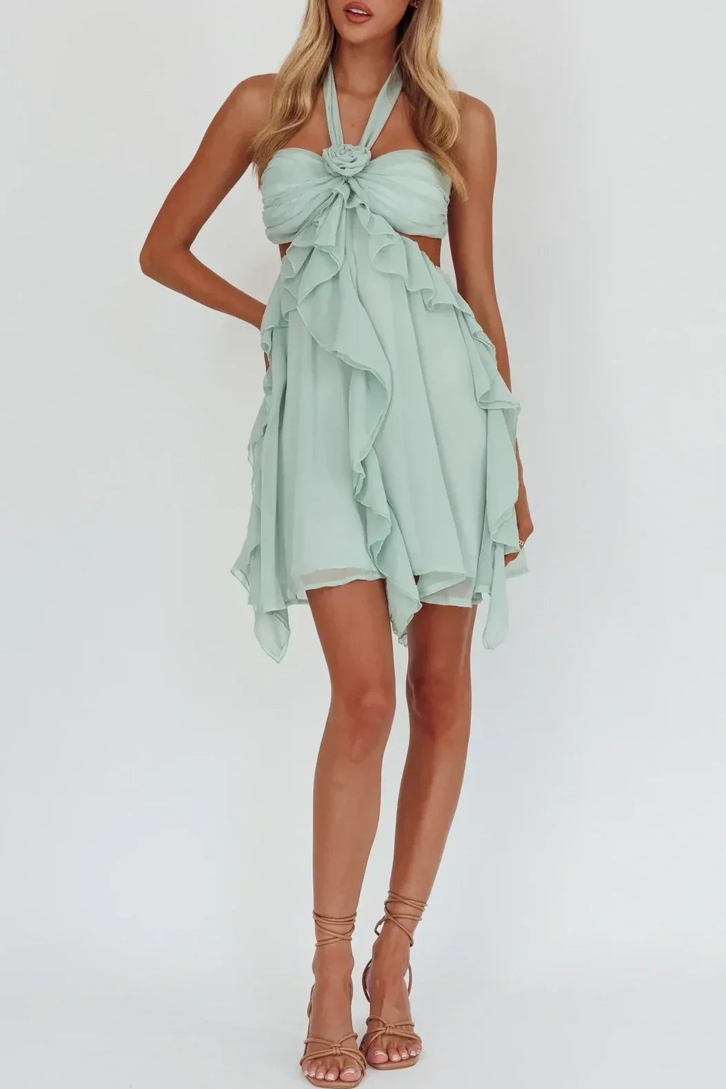 Gorgeous A Line Halter Neck Pink Short Homecoming Dress with Ruffles