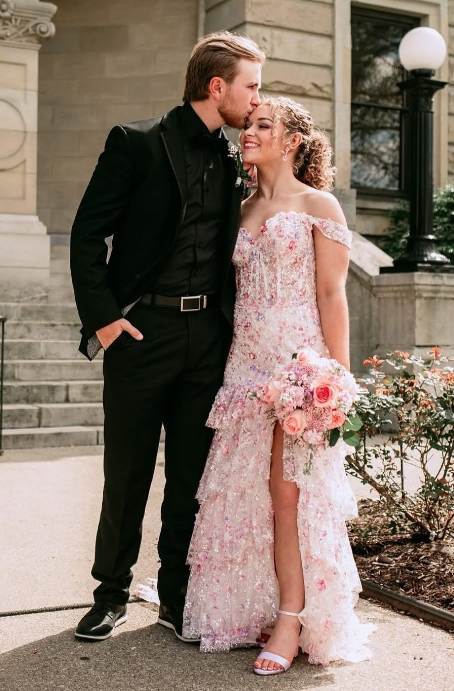Gorgeous A Line Off the Shoulder Light Pink Corset Prom Dress with Appliques