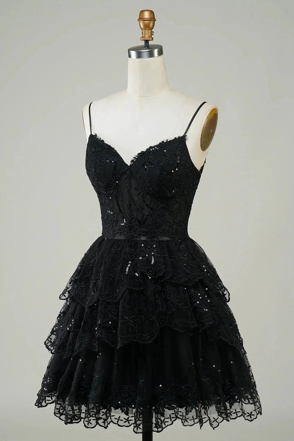 Cute Black A Line Sparkly Sequin Tiered Corset Short Homecoming Dress (ZD11484)