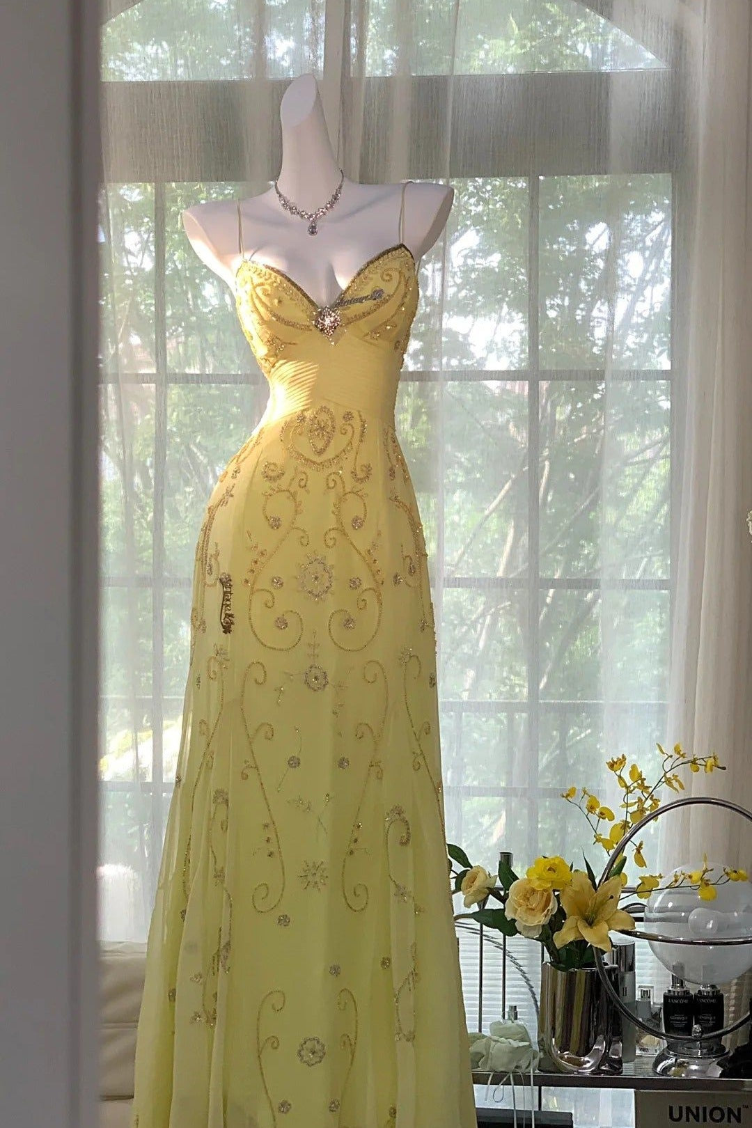 Gorgeous A Line Spaghetti Straps Yellow Long Prom Dress with Appliques Beading