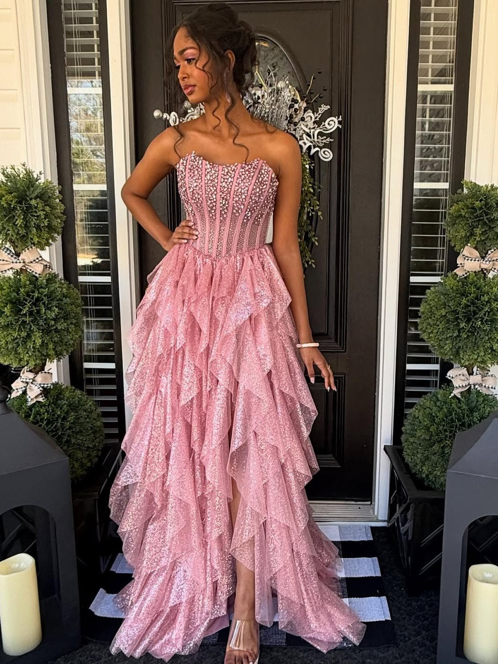 Gorgeous A Line Strapless Pink Corset Long Prom Dress with Beading