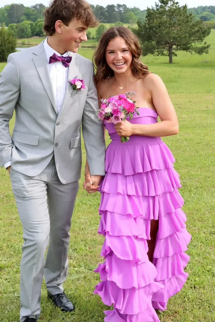 Gorgeous A Line Strapless Purple Long Prom Dress with Criss Cross Back