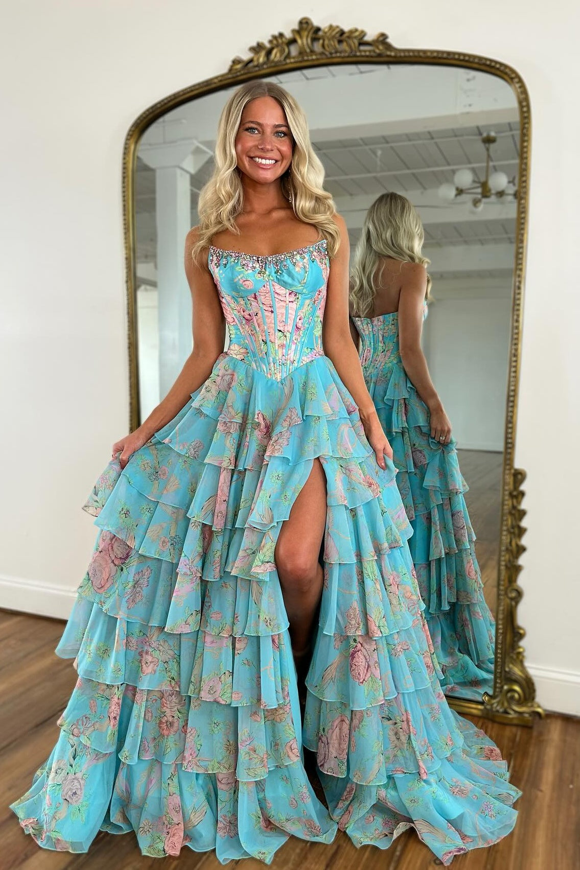 Gorgeous A Line Strapless Yellow Printed Corset Prom Dress with Beading Ruffles