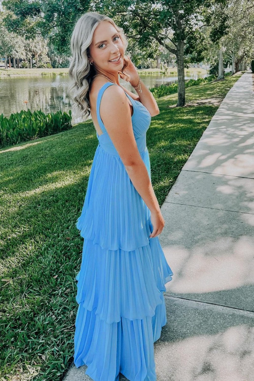 Gorgeous A Line Sweetheart Blue Long Prom Dress with Ruffles
