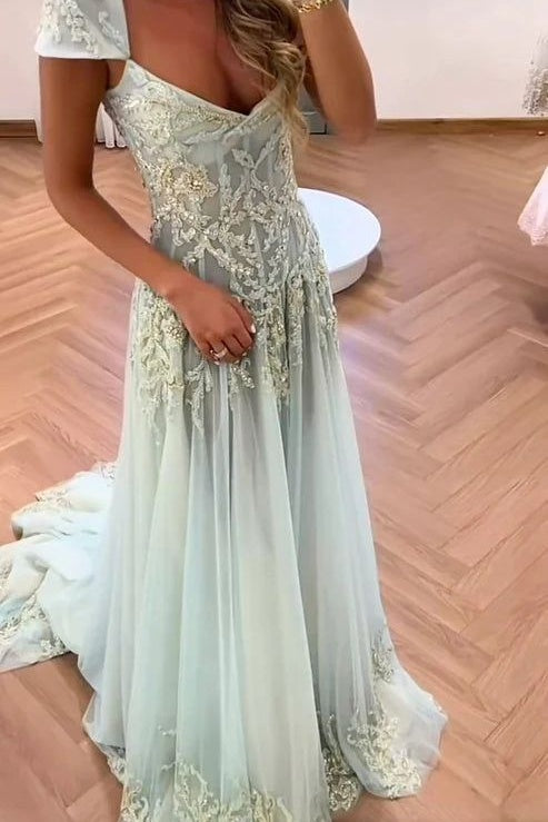 Retro Style A Line V Neck Light Green Long Prom Dress with Appliques Beading