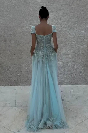 Retro Style A Line V Neck Light Green Long Prom Dress with Appliques Beading