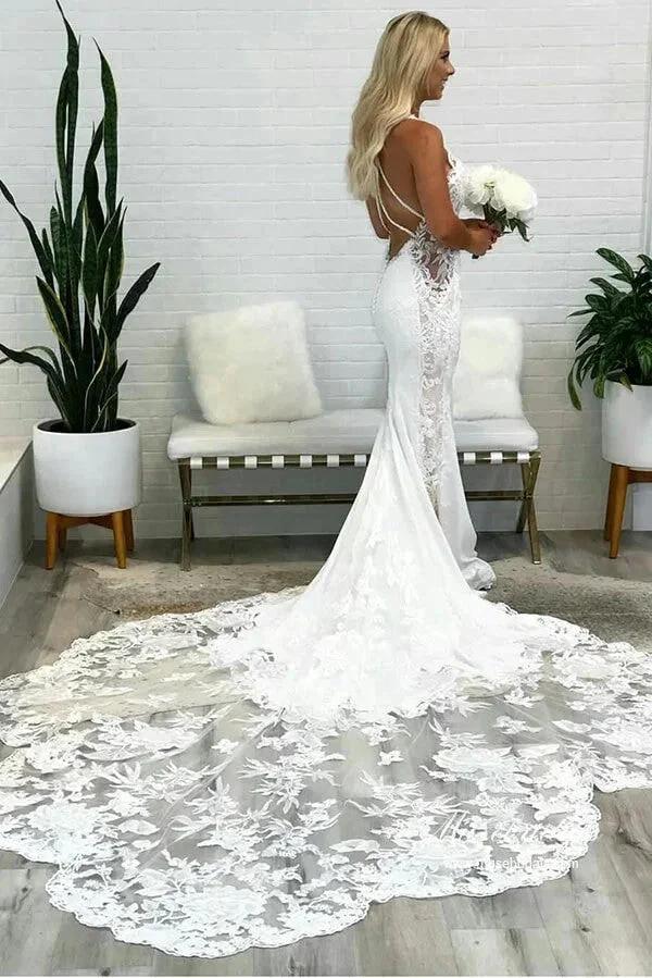 Gorgeous Mermaid Deep V Neck Backless Lace Wedding Dresses (ZD16124)