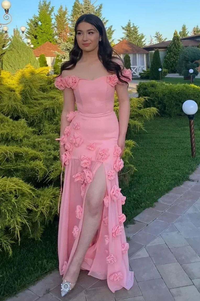 Gorgeous Mermaid Off the Shoulder Candy Pink Long Prom Dress with 3D Flowers