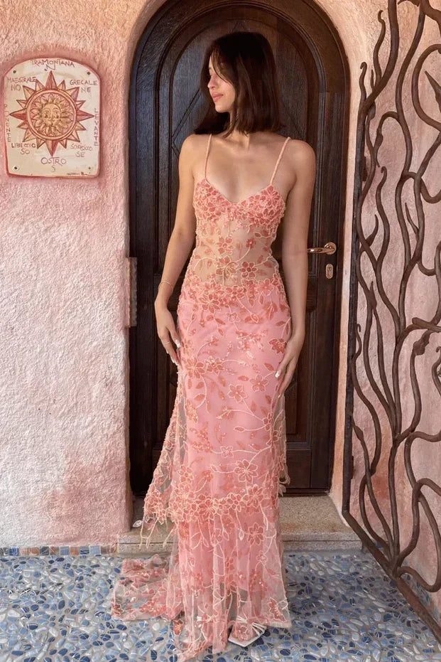 Gorgeous Mermaid Spaghetti Straps Orange Long Prom Dress with Appliques - View 3 | FashionDia