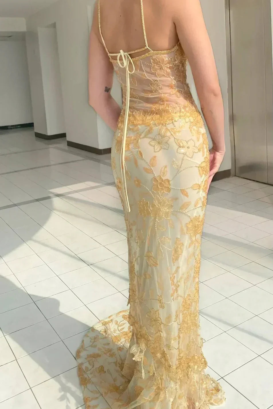 Gorgeous Mermaid Spaghetti Straps Orange Long Prom Dress with Appliques - View 6 | FashionDia