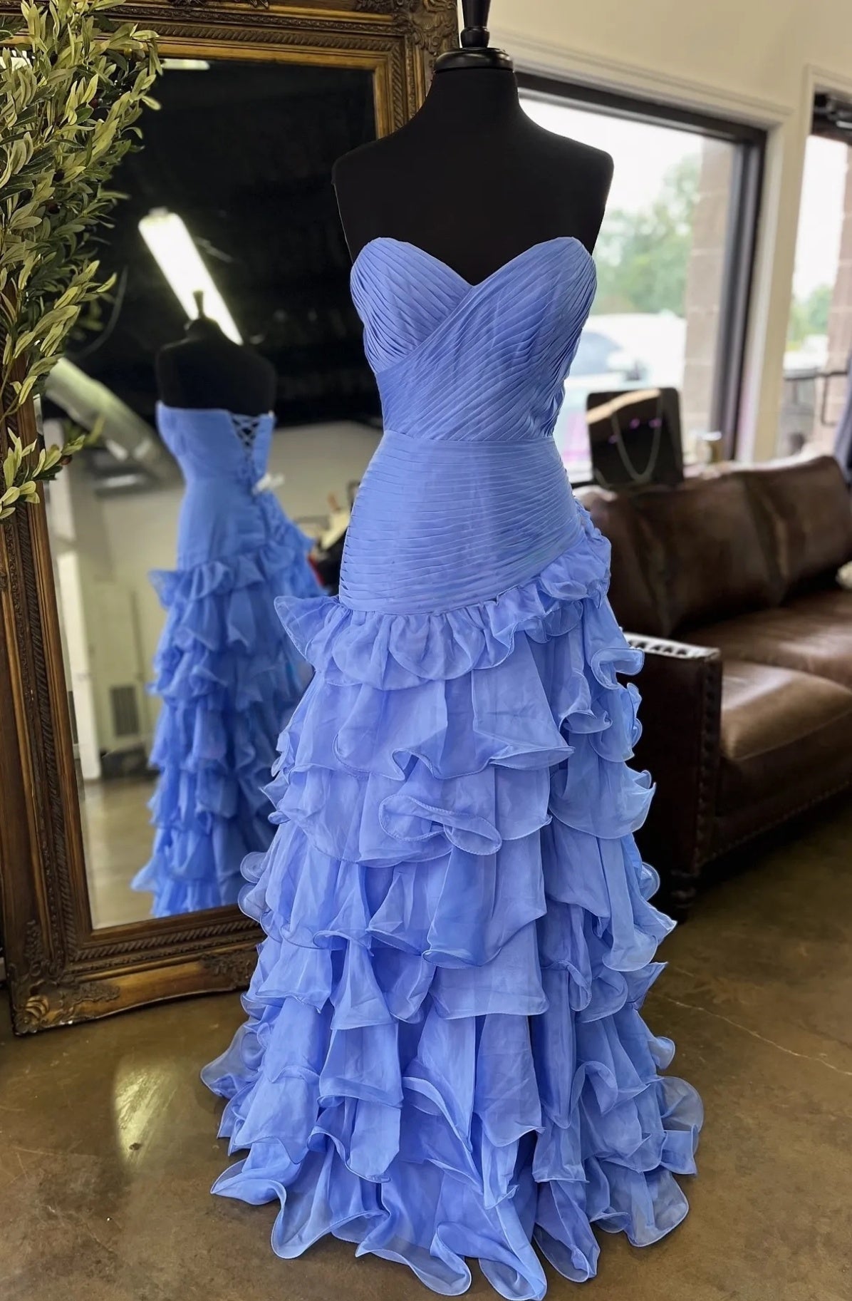 Gorgeous Mermaid Sweetheart Blue Long Prom Dress with Ruffles
