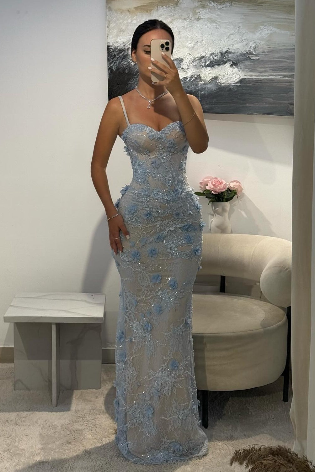 Gorgeous Mermaid Sweetheart Light Blue Long Prom Dress with Appliques - View 2 | FashionDia