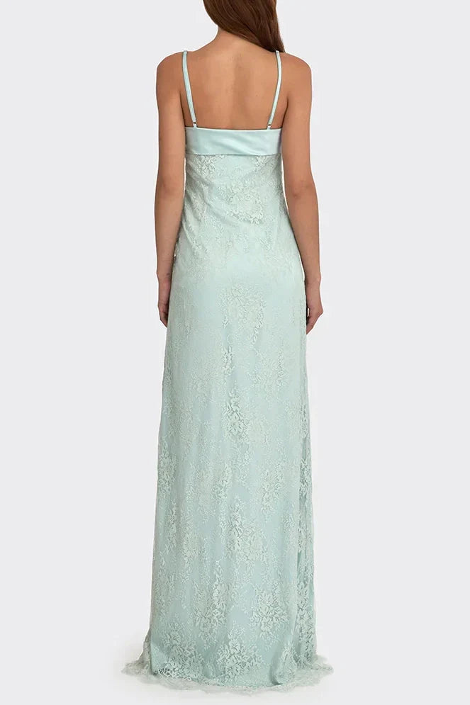 Gorgeous Sheath Spaghetti Straps Pink Long Prom Dress with Lace