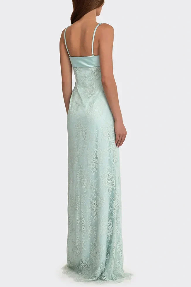 Gorgeous Sheath Spaghetti Straps Pink Long Prom Dress with Lace