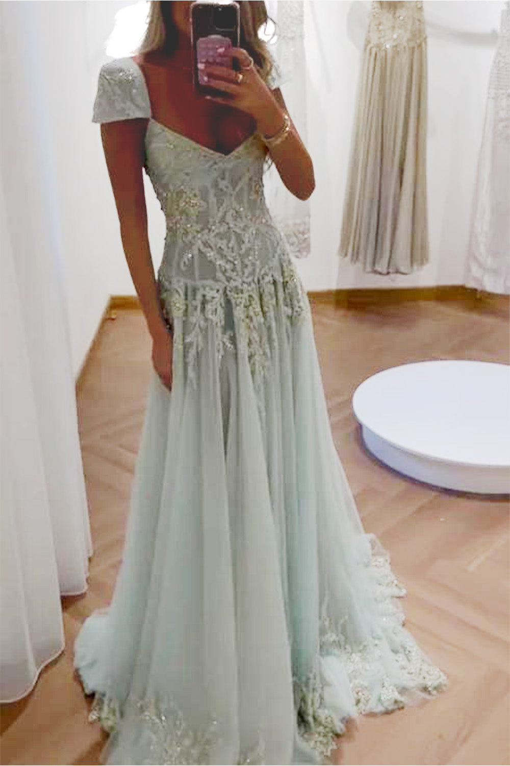 Retro Style A Line V Neck Light Green Long Prom Dress with Appliques Beading