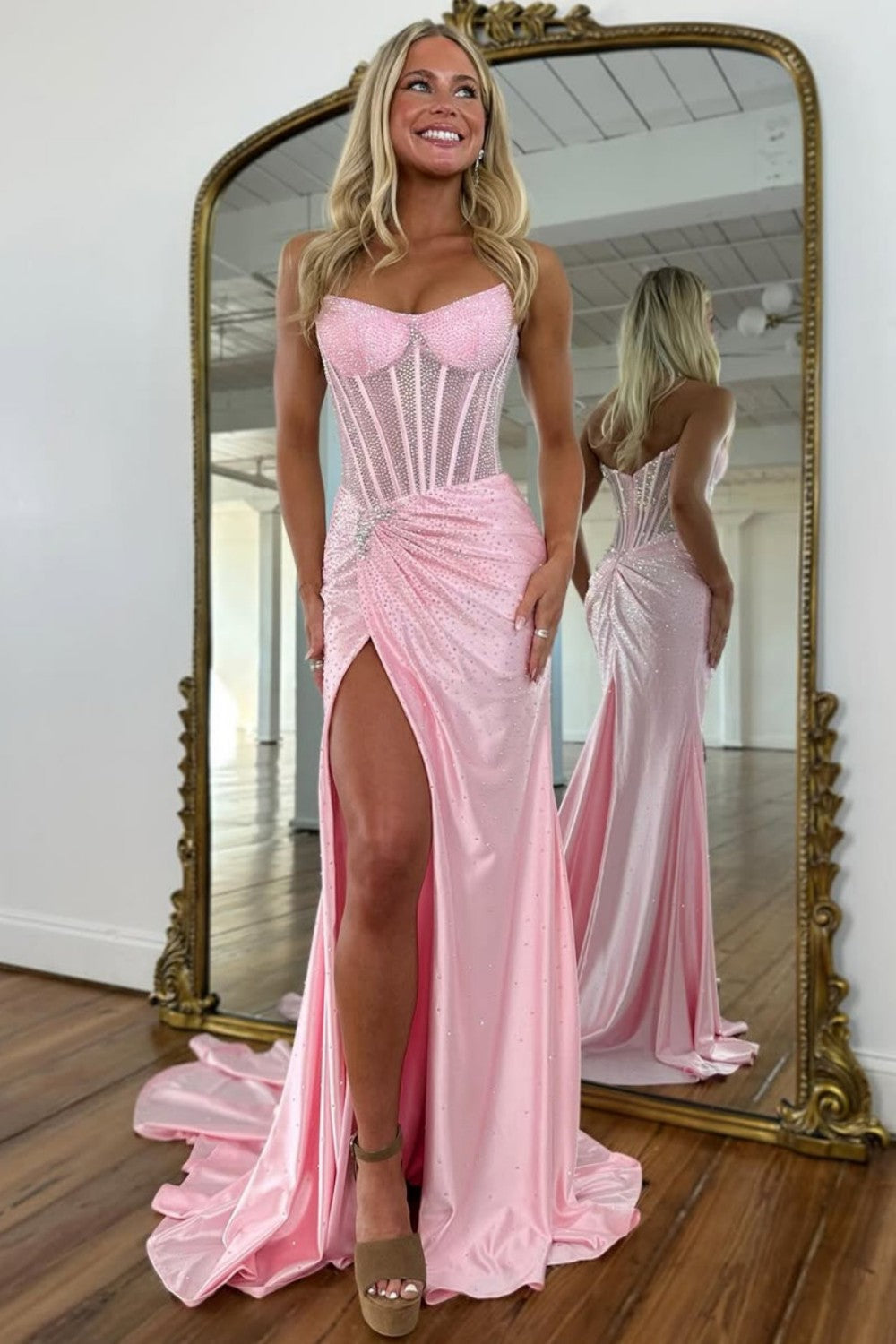 Gorgeous Gold Mermaid Strapless Long Beaded Prom Dress With High Slit
