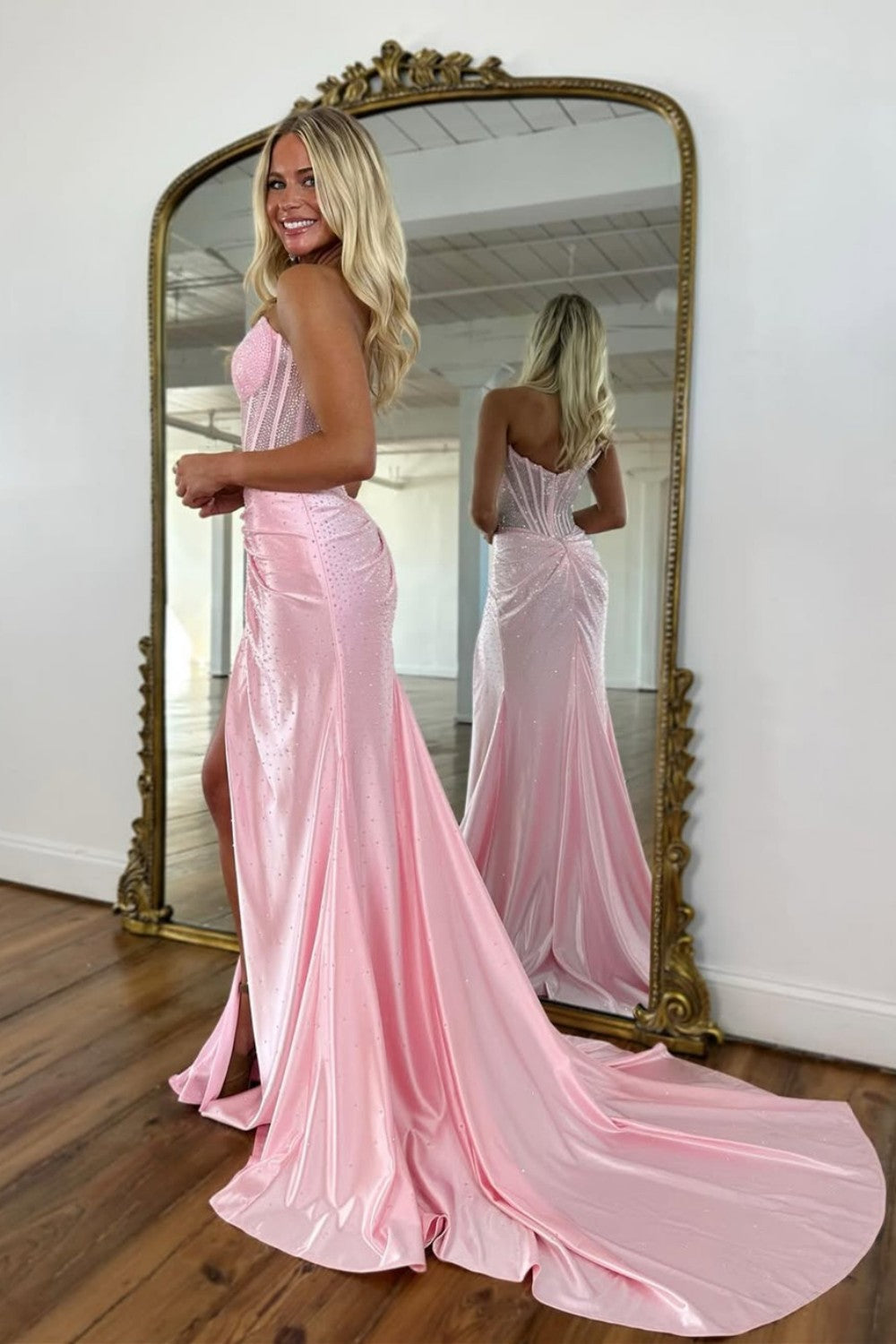 Gorgeous Gold Mermaid Strapless Long Beaded Prom Dress With High Slit