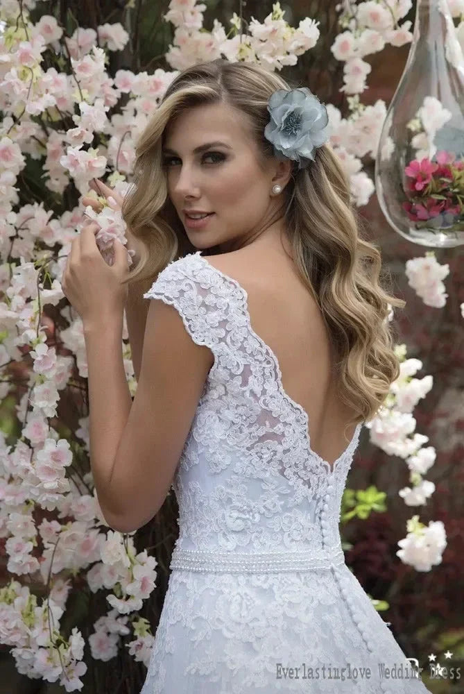 Graceful Tulle & Lace V-neck Neckline A-line Wedding Dresses With  Appliques & Beadings Sash Bridal Grown Vestido De (ZD13299)