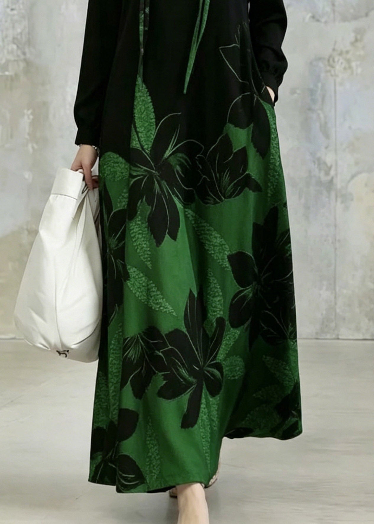 Gradient Color Green Print Pockets Tassel Maxi Dresses Fall