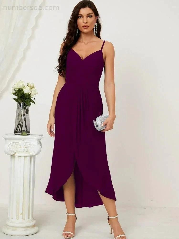 ZapDress Spaghetti Chiffon V Neck Bridesmaid Dress Mid-Length Slit Formal Prom Dress Homecoming Dress 2803 (ZD16952)