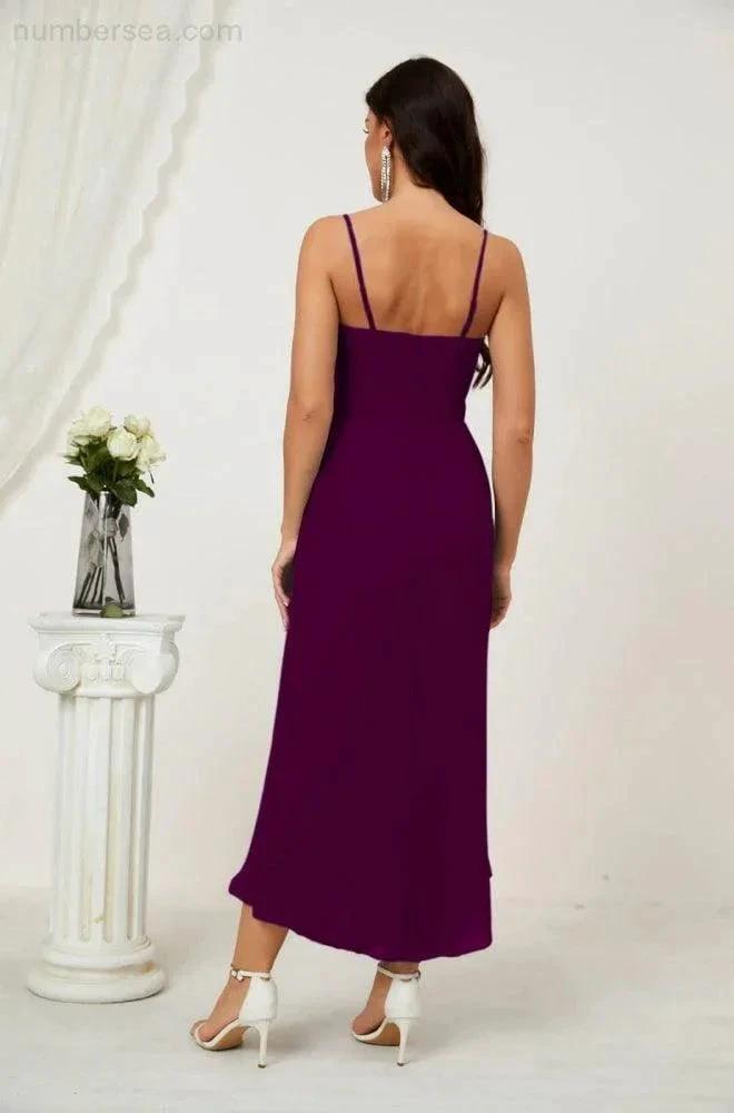ZapDress Spaghetti Chiffon V Neck Bridesmaid Dress Mid-Length Slit Formal Prom Dress Homecoming Dress 2803 (ZD16952)