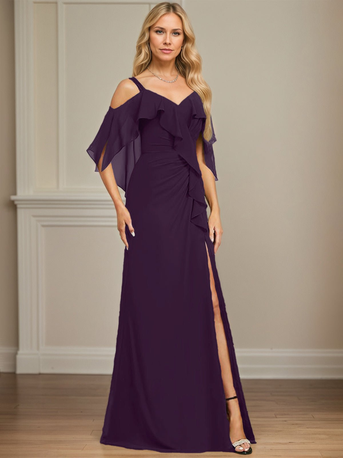 Sheath/Column Cold Shoulder V-Neck Floor-Length Chiffon Dress With Cascading Ruffles Sequins Beading