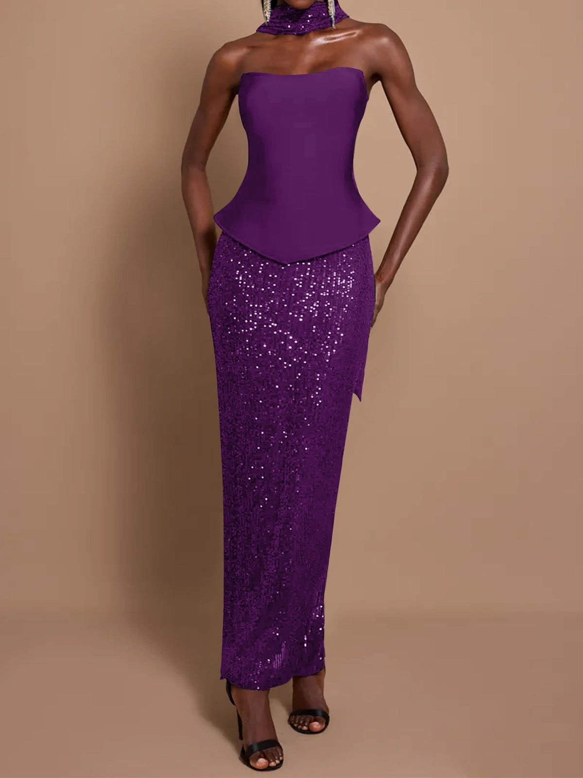 Off-Shoulder Bandage Top & Sequin Midi Skirt Set - View 13 | FashionDia