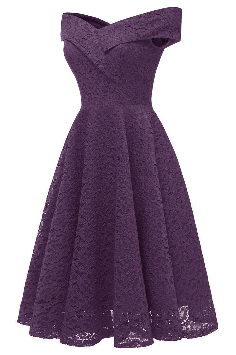 Purple Off-the-shoulder Lace Midi Prom Dress - Fashionpara