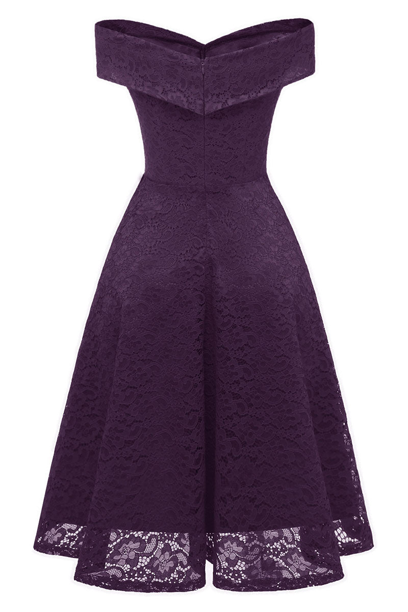 Purple Off-the-shoulder Lace Midi Prom Dress - Fashionpara