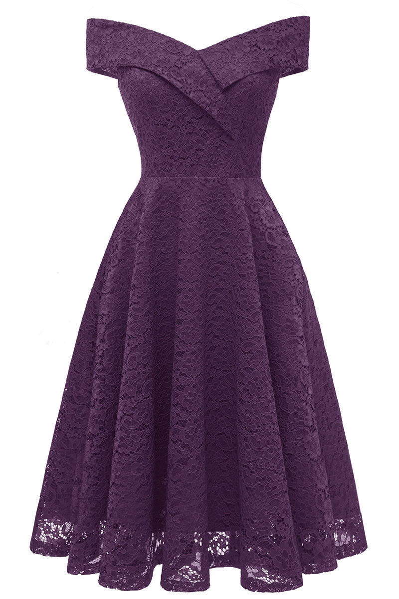 Purple Off-the-shoulder Lace Midi Prom Dress - Fashionpara