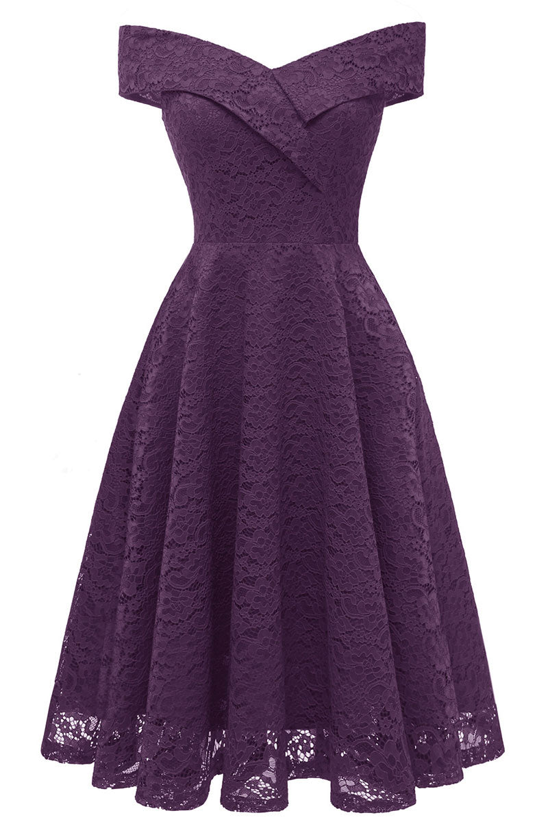 Purple Off-the-shoulder Lace Midi Prom Dress