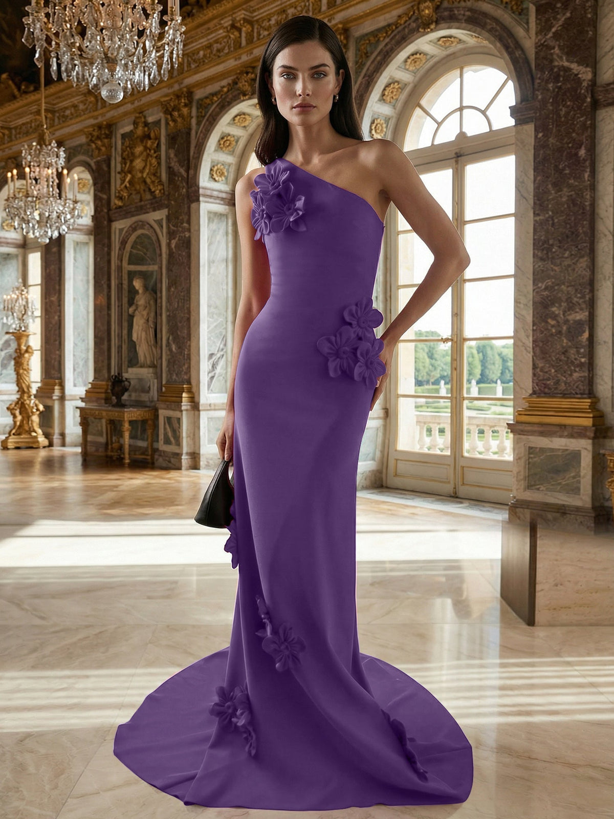 A-Line One-Shoulder Sleeveless Floor-Length Stretch Crepe Dress With 3D Flowers - View 12 | FashionDia