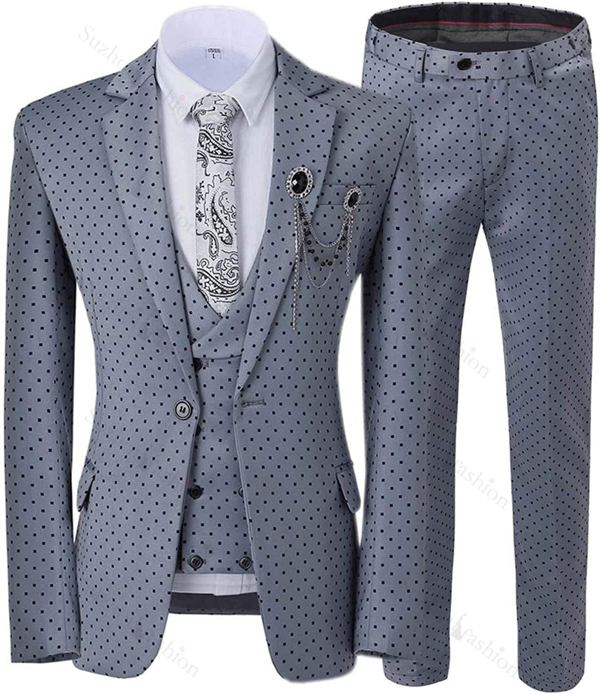 Gray Three Piece Notched Lapel Prom Suit with Black Dot