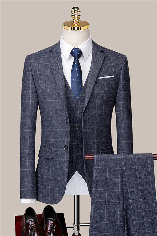 Gray Three Piece Plaid Notched Lapel Business Suit