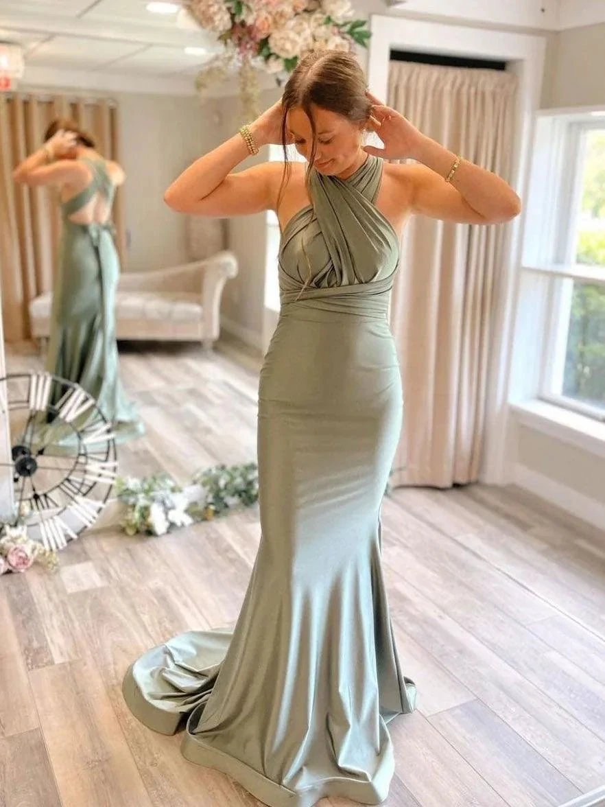 Gray Green Satin Mermaid Bridesmaid Dresses With Sweep Train (ZD13262)