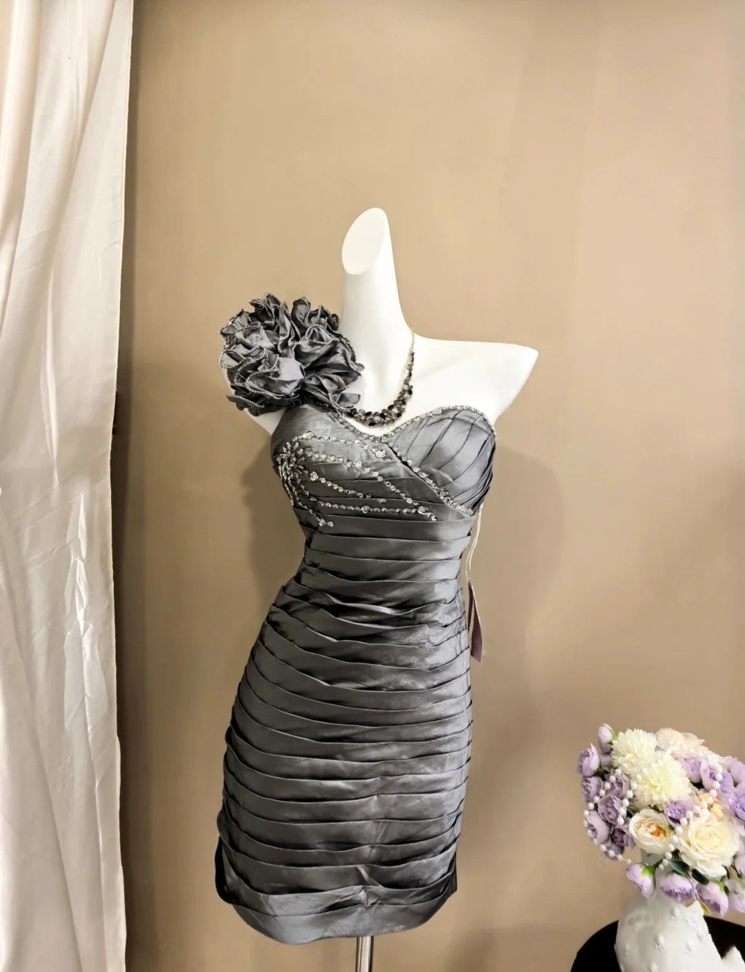Gray Sheath Homecoming Dress Pleaded Short Birthday Dress