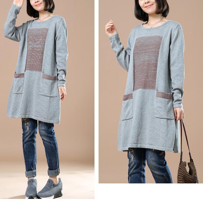 Gray sweaters long plus size knitted dress pockets patchwork
