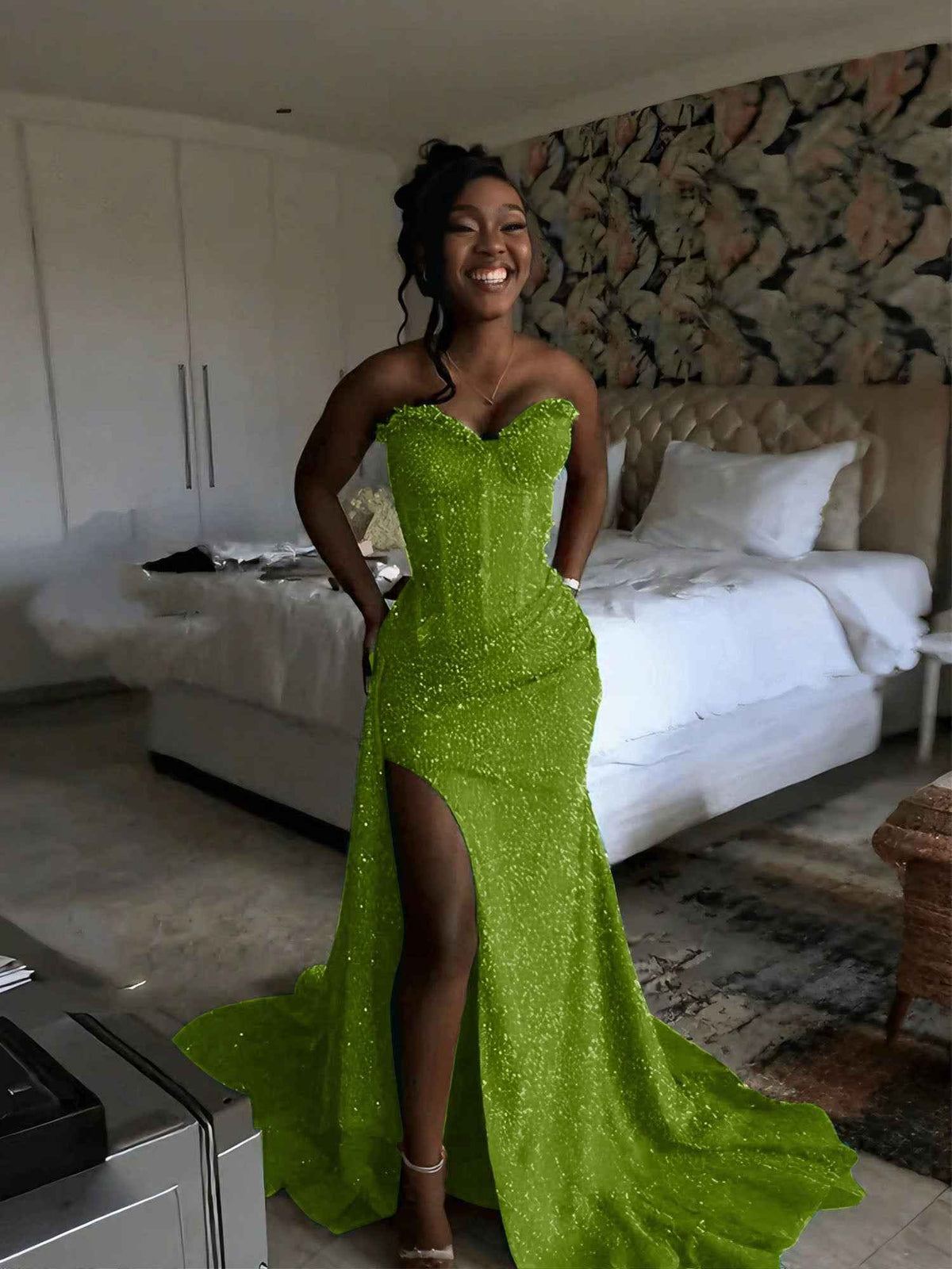 Glitter Strapless Mermaid Sequined Long Prom Dress with Slit (ZD17399)
