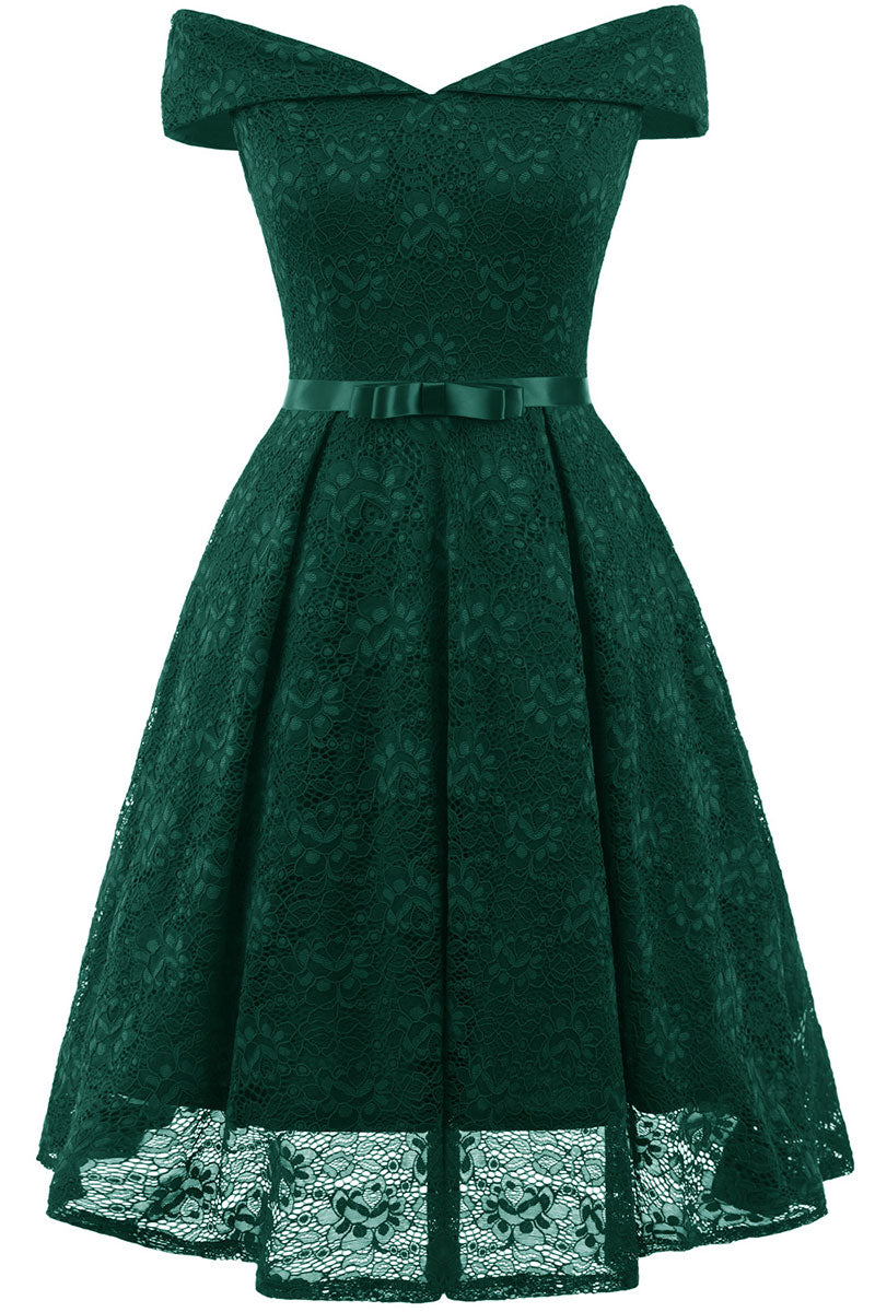 Green Lace Off-the-shoulder Princess Prom Dress - Fashionpara