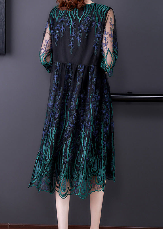 Green O-Neck Print Tulle Silk Long Dress Half Sleeve