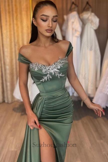 Green Prom Dress Sleeveless Lace Satin Formal Dress With Slit