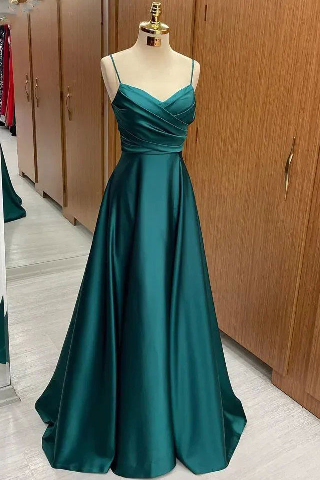Green A-Line Spaghetti Straps Evening Gown Prom Dress - Fashionpara