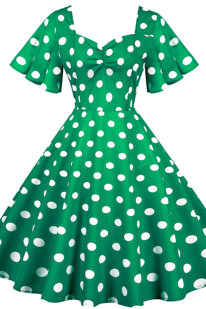 Green And White Short Sleeve Polka Dot Dress - Fashionpara