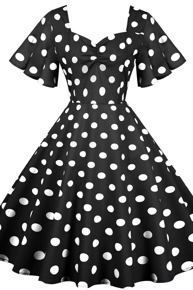 Green And White Short Sleeve Polka Dot Dress - Fashionpara