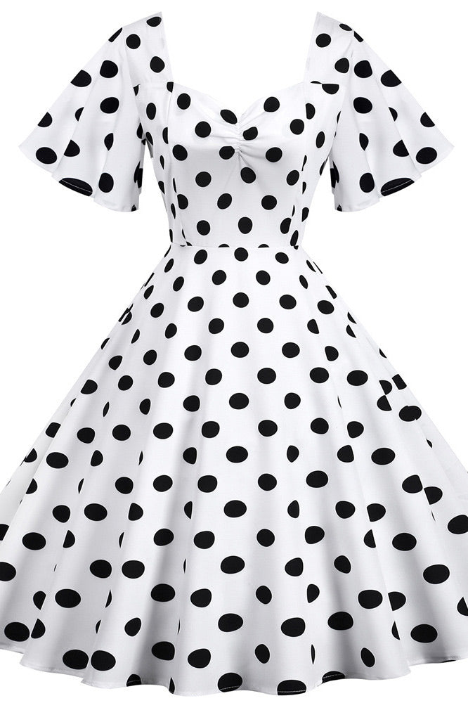 Green And White Short Sleeve Polka Dot Dress - Fashionpara